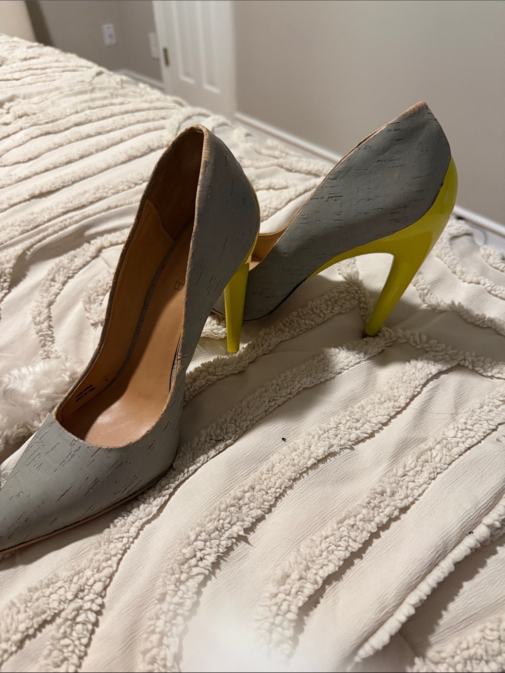 L.A.M.B. Gray Pointed-Toe Pumps with Yellow Stiletto Heels